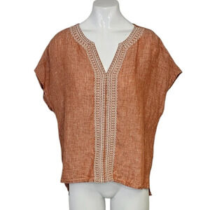 House Of Harlow 1960 Womens 100% Linen Embroidered V-Neck Shirt Size Small